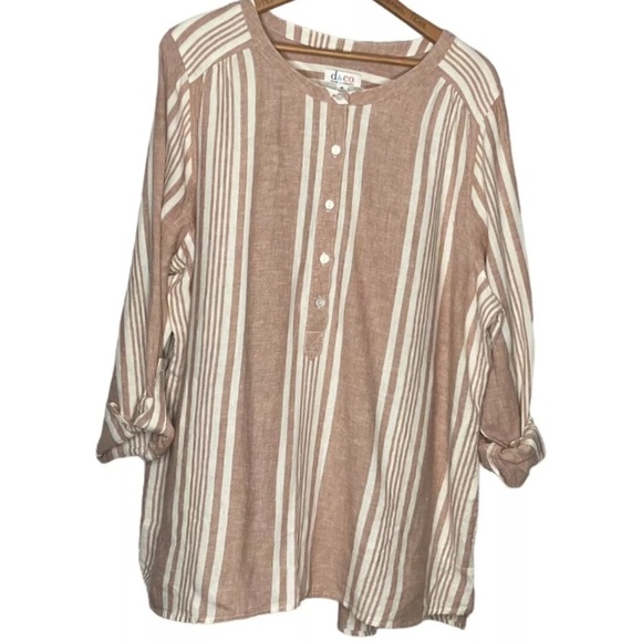 Denim & Co. XL Brown White Striped Yarn Dyed Linen Blend Woven Top Blouse Shirt - Picture 2 of 5
